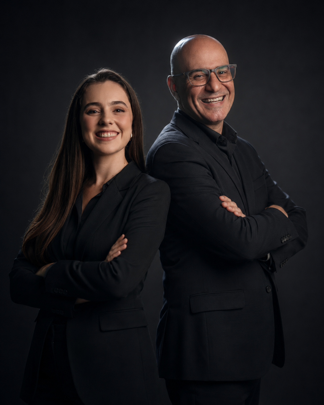 Fernando Tepasse e Caroline Costa de costas um para o outro, braços cruzados